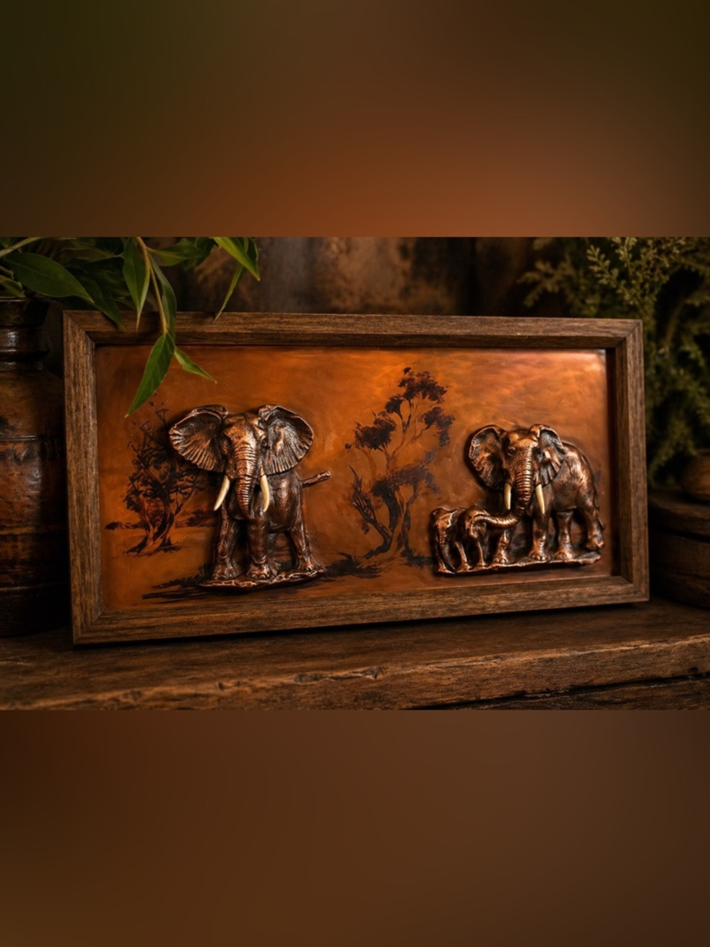 Vintage Copper 3D Elephant 🐘 Family Relief Wall Art – Signed “Gaston” - Safari